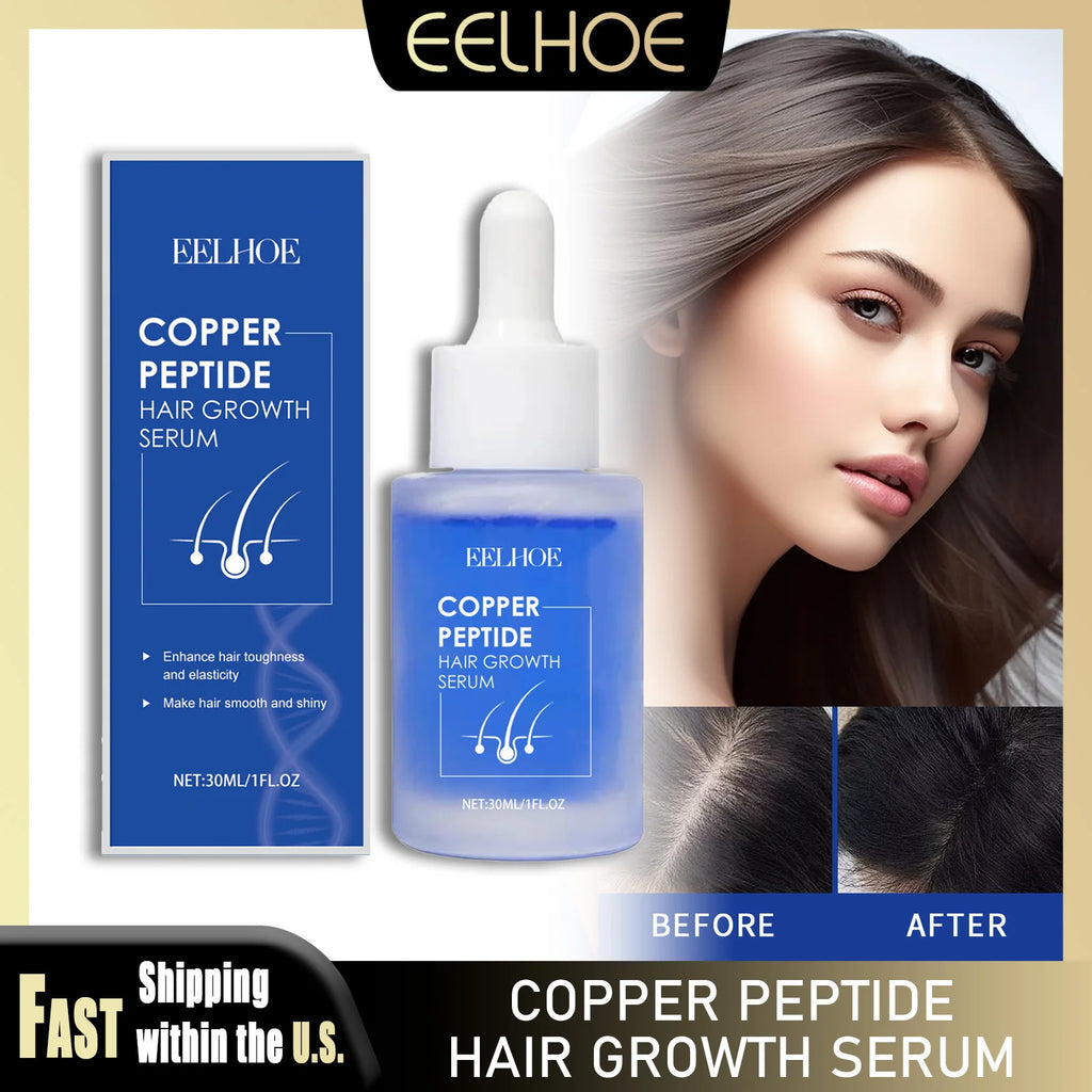 EELHOE 30ml Copper Peptide Hair Serum Strengthening Hair Roots Repair Hairs Damage Essence Nourish Smoother Hair Loss Growth Oil